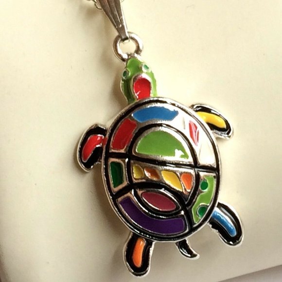 Silver Sea Life Turtle Necklace 24" Chain Nautical Island Beach Plated Plus Size - Picture 7 of 10